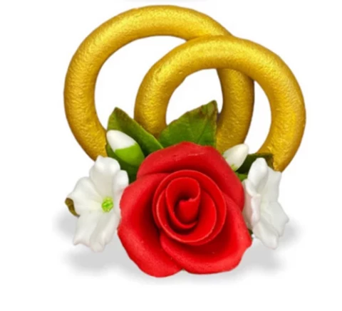 Цукрова прикраса золоті обручки з трояндою червоною