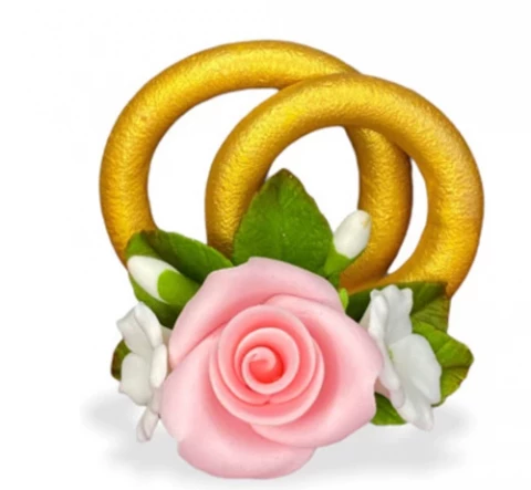 Цукрова прикраса золоті обручки з трояндою рожевою