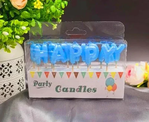 Набор свечек для торта BUBBLES буквы "Happy Birthday" голубые