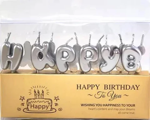 Набор свечей для торта BUBBLES буквы "Happy Birthday" серебро