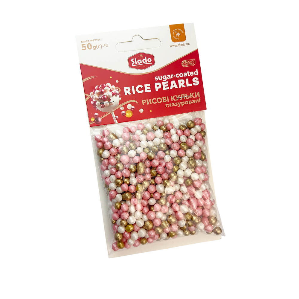 Шарики рисовые микс розово-бело-золотые  50г