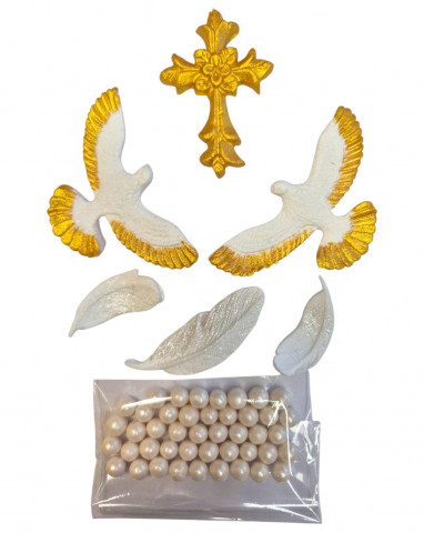 Сахарное украшение "Золотой крестик и голуби с посыпкой"