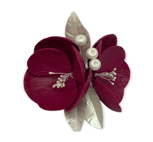 Сахарное украшение букет магнолия бордовая с серебряными листьями