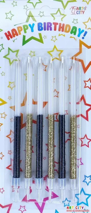 Набір свічок для торта білі з чорно-золотим 6шт