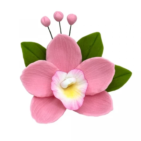 Цукрова прикраса Орхідея з листочками рожева