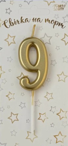 Свічка для торта цифра "9" золото шампань хром