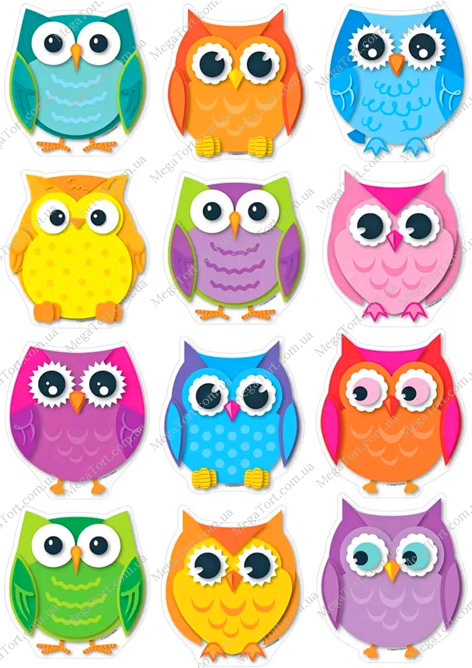 Вафельная картинка для топперов и пряников Совы разноцветные
