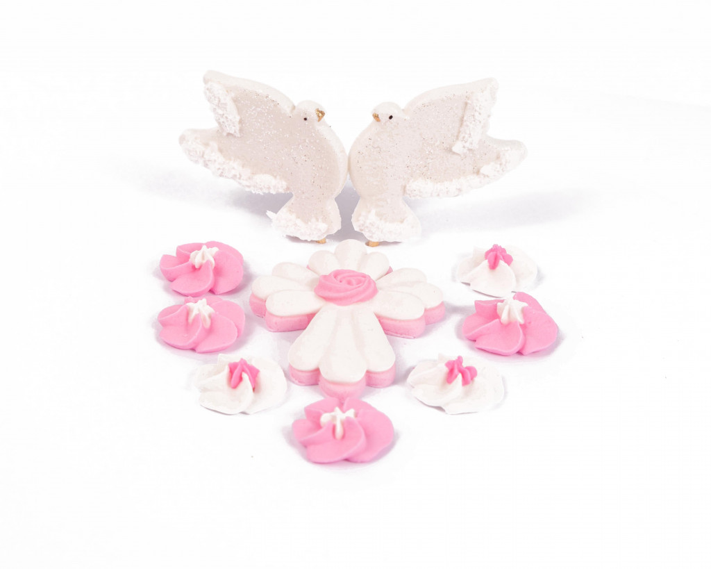 Сахарное украшение "Крестик с голубями розовый"