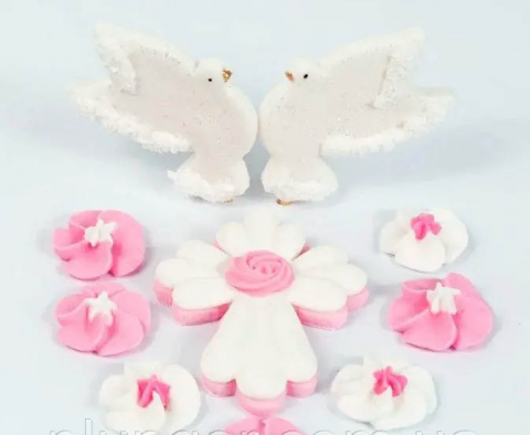 Сахарное украшение "Крестик с голубями розовый"