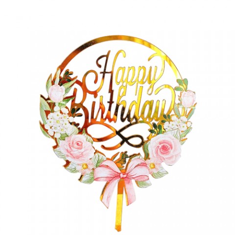 Зеркальный топпер золото "Happy Birthday" цветы с бантиком