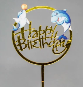 Зеркальный топпер золото "Happy Birthday" дельфины