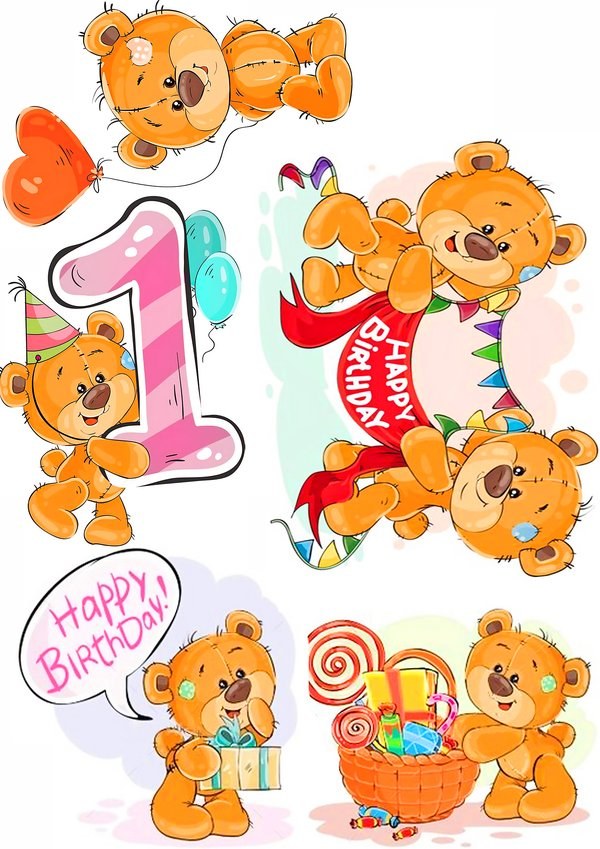 Вафельная картинка для топперов и пряников Мишки Happy Birthday