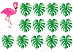 Вафельная картинка для топперов и пряников Фламинго и листики