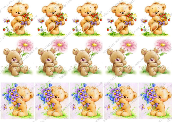 Вафельная картинка для топперов и пряников Мишка с цветами