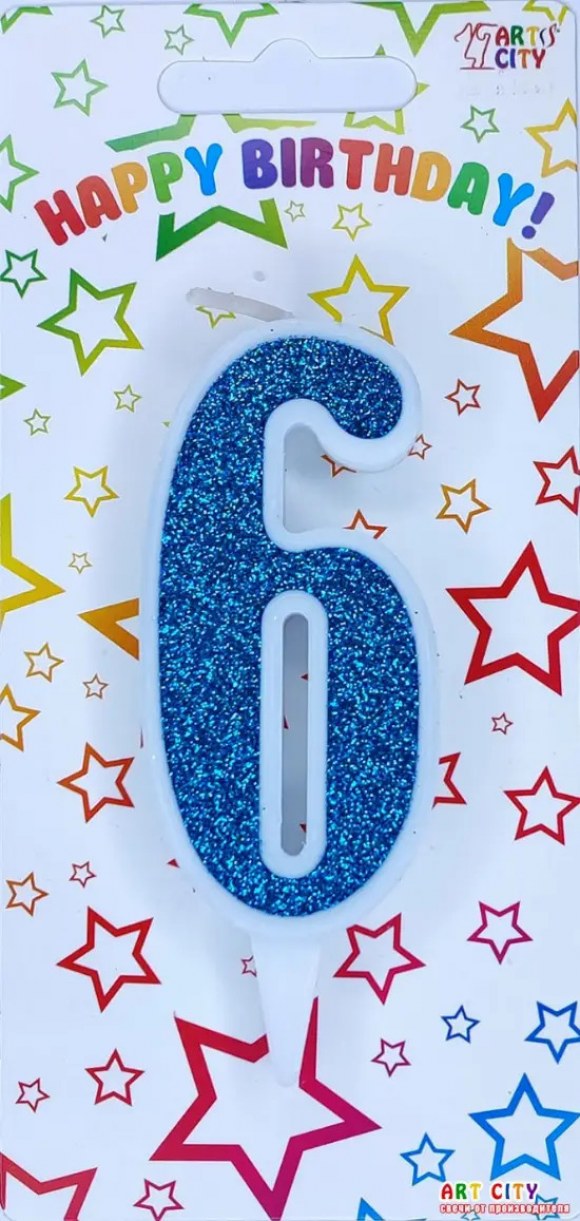 Свічка для торта цифра "6" блакитний блиск