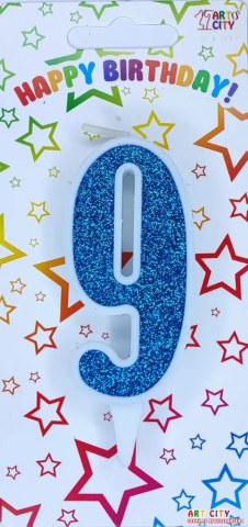 Свічка для торта цифра "9" блакитний блиск