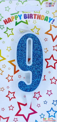 Свічка для торта цифра "9" блакитний блиск
