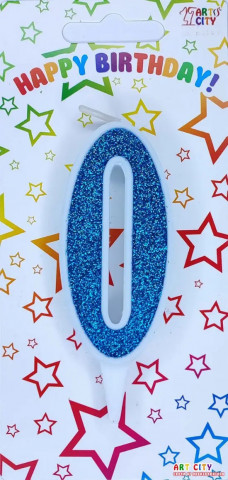 Свічка для торта цифра "0" блакитний блиск