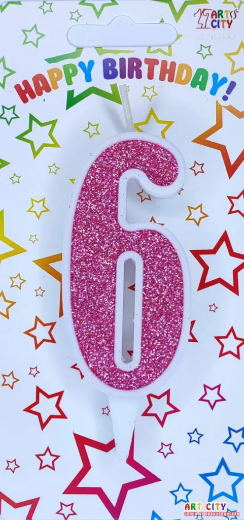 Свеча для торта цифра "6" розовый блеск