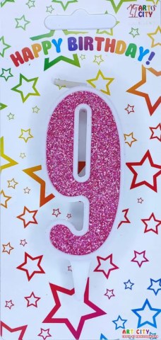 Свічка для торта цифра "9" рожевий блиск