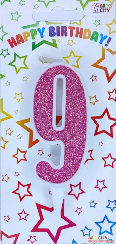 Свічка для торта цифра "9" рожевий блиск