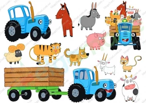 Вафельная картинка для топперов и пряников Синий трактор с животными