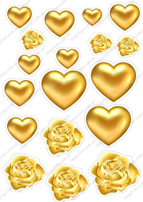 Вафельная картинка для топперов и пряников Сердца золотые