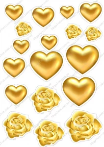 Вафельная картинка для топперов и пряников Сердца золотые