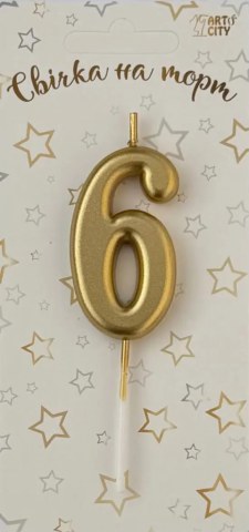 Свеча для торта цифра "6" золото шампань хром