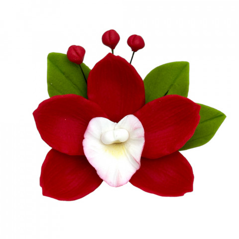 Цукрова прикраса Орхідея з листочками червона