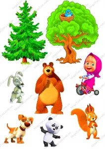 Вафельная картинка для топперов и пряников Маша и медведь (елка)