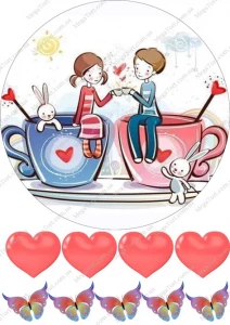 Вафельная картинка "Влюбленные с чашками"