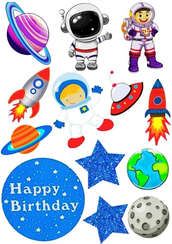 Вафельна картинка для топерів та пряників Космонавти Happy Birthday