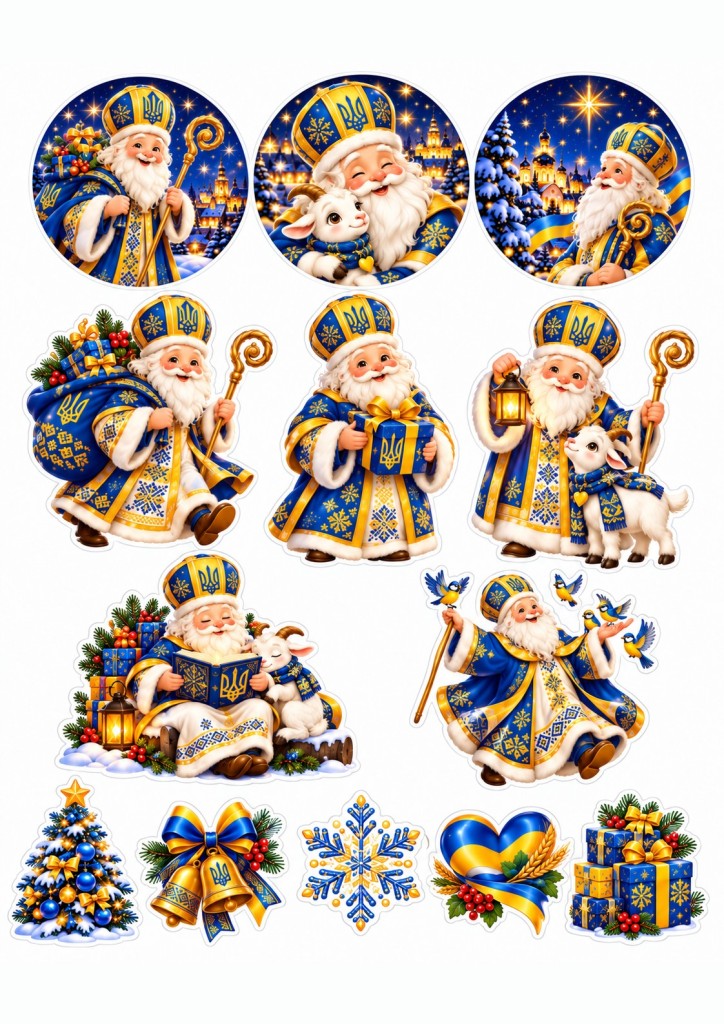 Вафельна картинка Святий Миколай жовто-блакитний для топерів і пряників